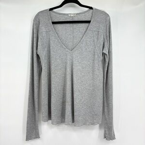 Intimately Free People Gray Ribbed Long Sleeve V Neck Henley Top Shirt Medium
